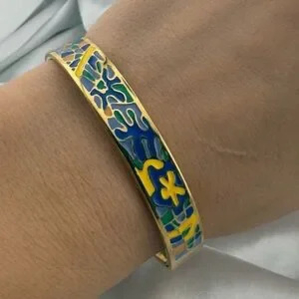 Colorful Anthropologie Gold Bracelet with Blue and Yellow Enamel